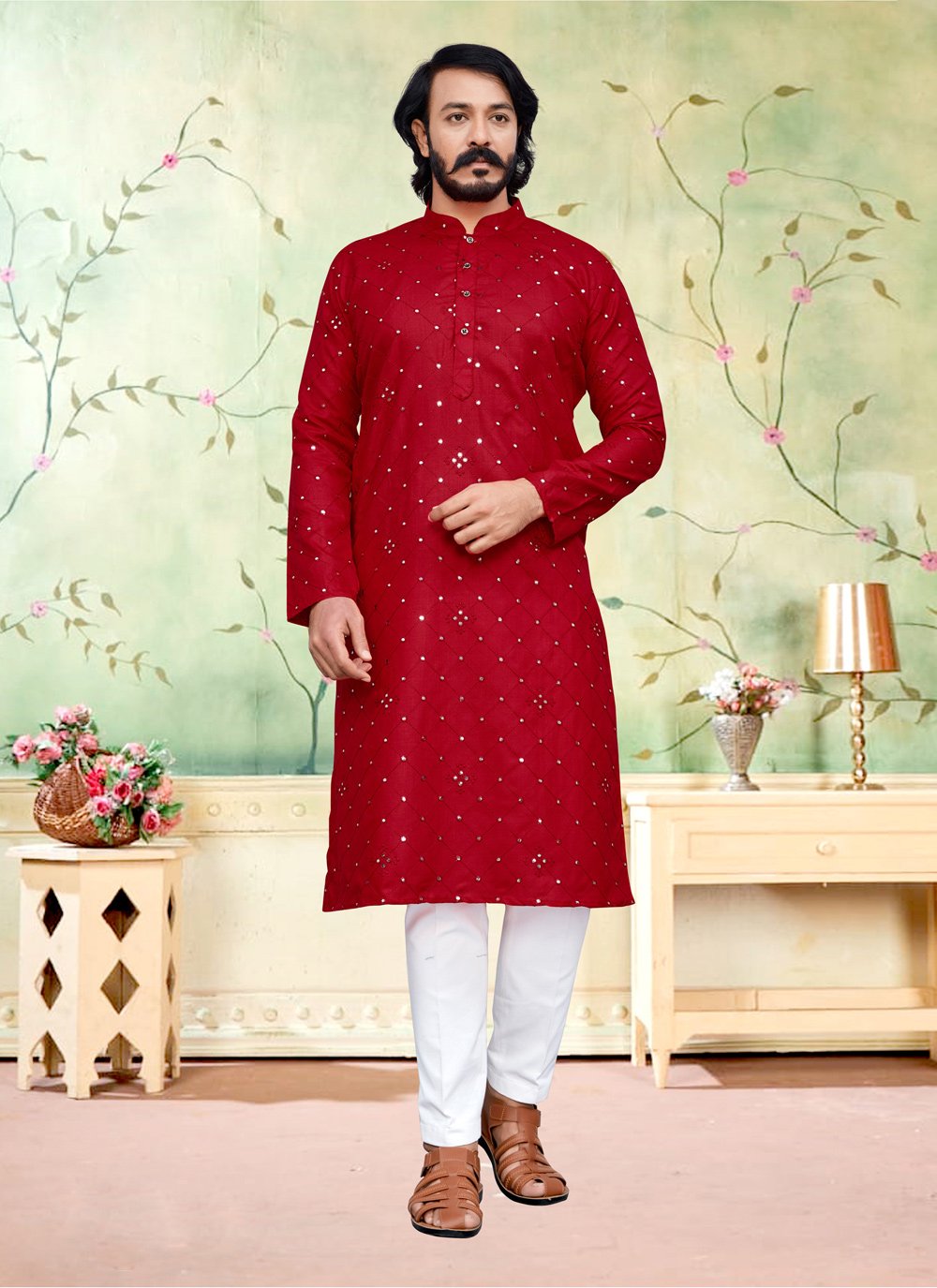 Kurta Pyjama Silk Red Embroidered Mens