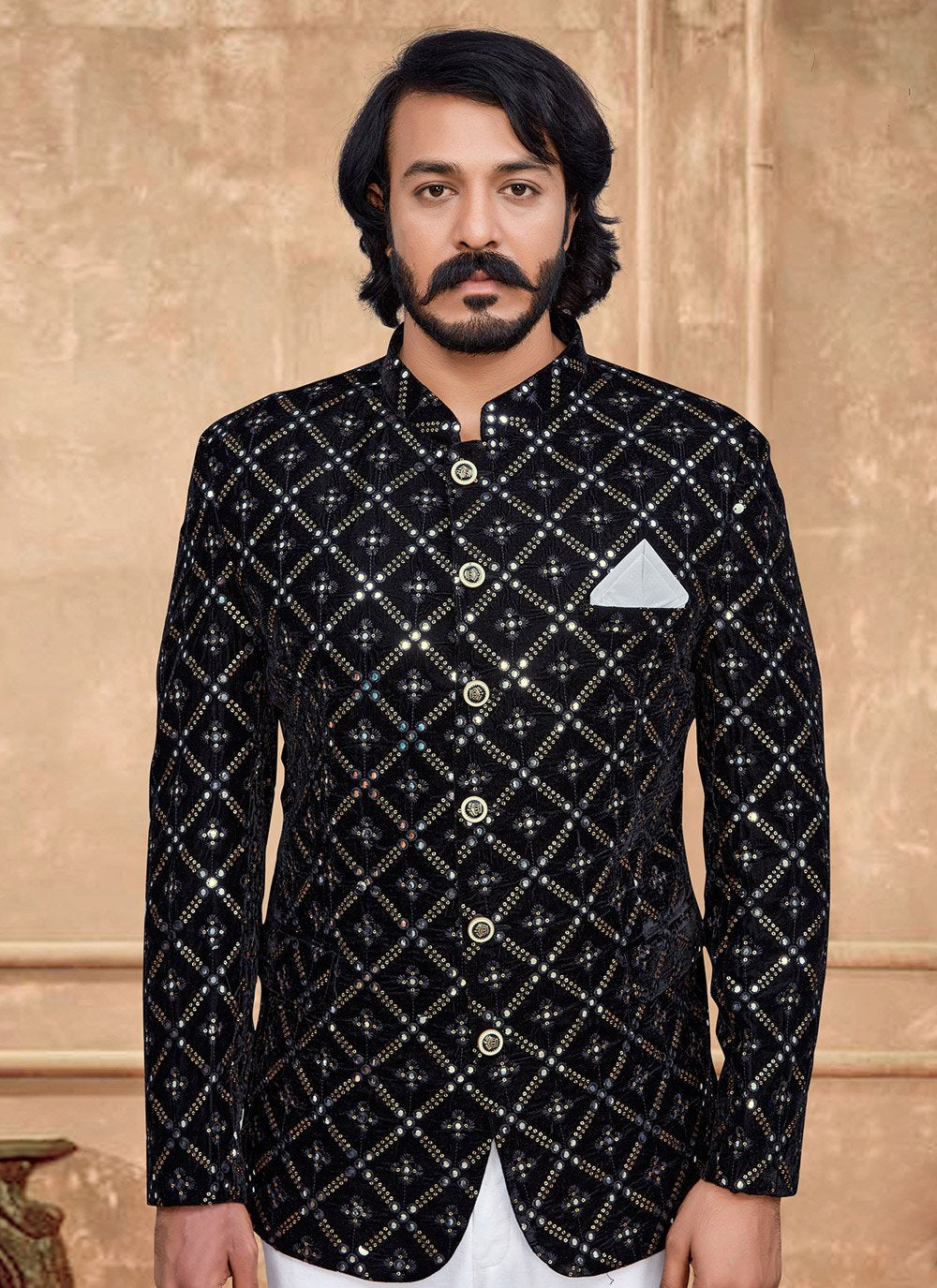 Jodhpuri Suit Velvet Black Embroidered Mens