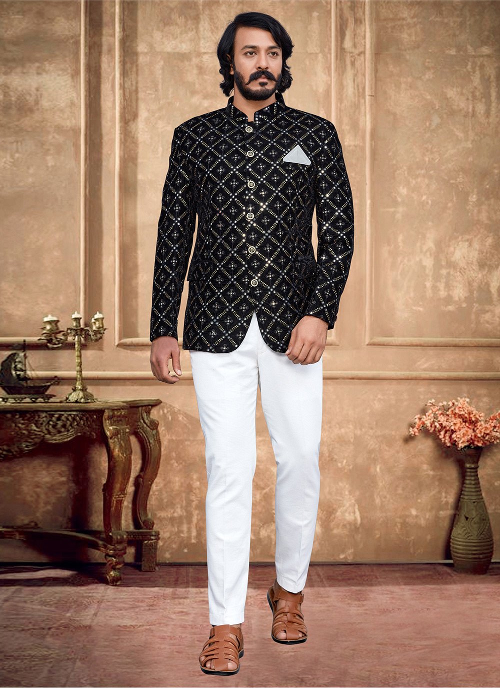 Jodhpuri Suit Velvet Black Embroidered Mens