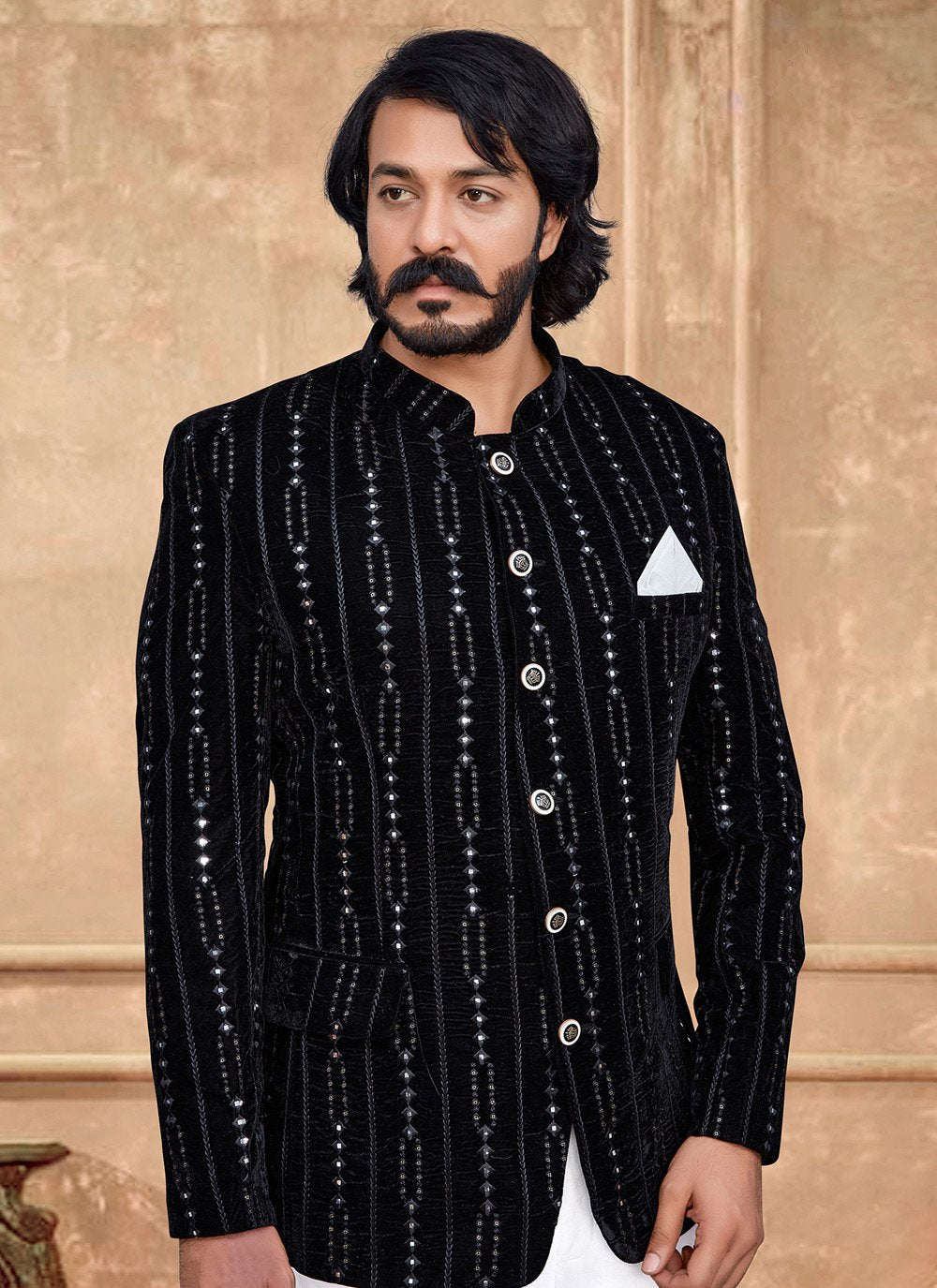 Jodhpuri Suit Velvet Black Embroidered Mens