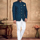 Jodhpuri Suit Velvet Blue Embroidered Mens