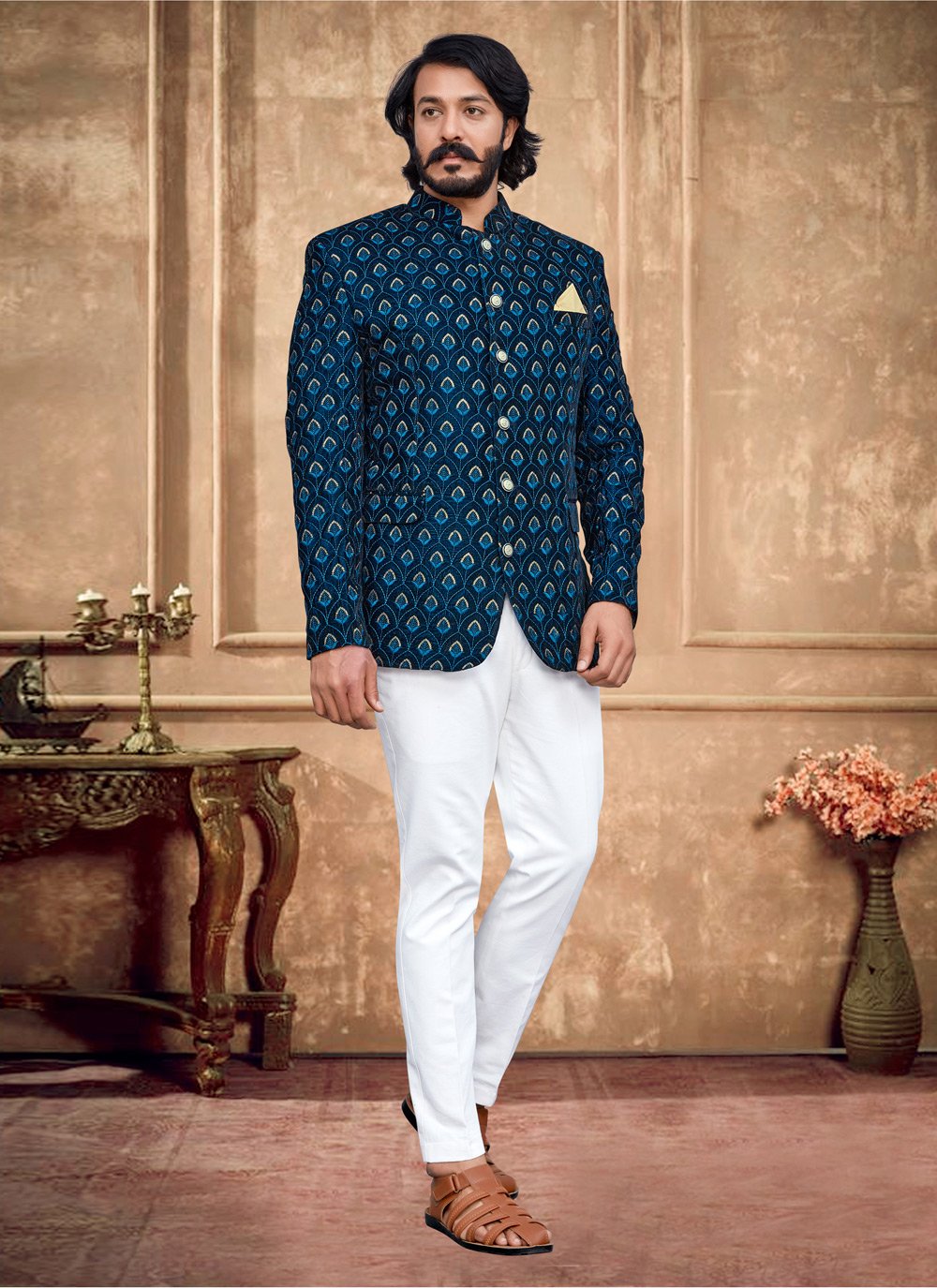 Jodhpuri Suit Velvet Blue Embroidered Mens