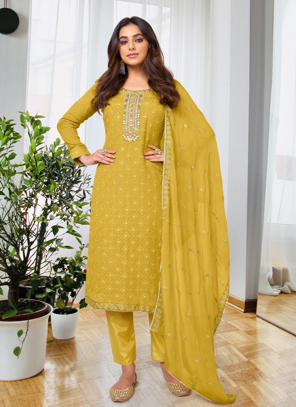 Salwar Suit Chinon Yellow Embroidered Salwar Kameez