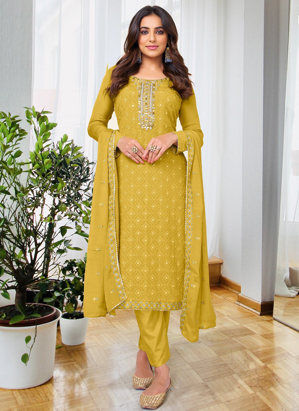 Salwar Suit Chinon Yellow Embroidered Salwar Kameez