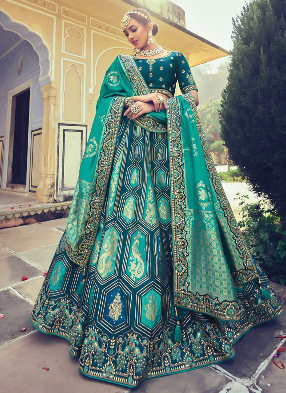 Lehenga Choli Silk Morpeach Turquoise Beads Lehenga Choli