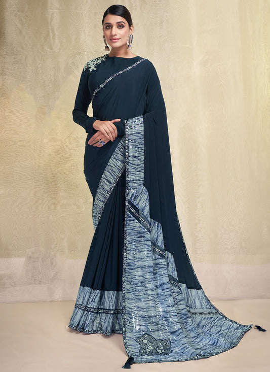 Contemporary Crepe Silk Morpeach Embroidered Saree