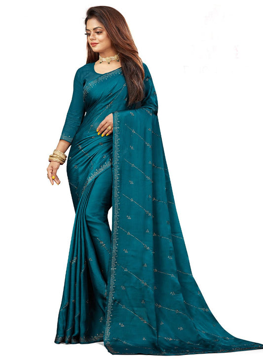 Trendy Saree Satin Morpeach Swarovski Saree