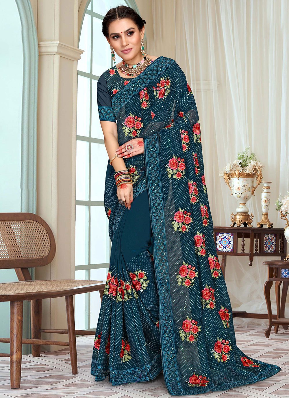 Contemporary Georgette Morpeach Embroidered Saree