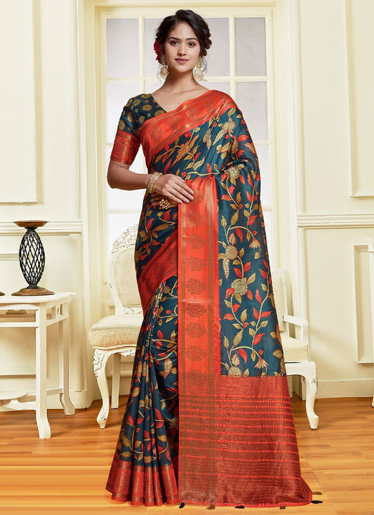 Contemporary Banarasi Silk Tussar Silk Morpeach Digital Print Saree