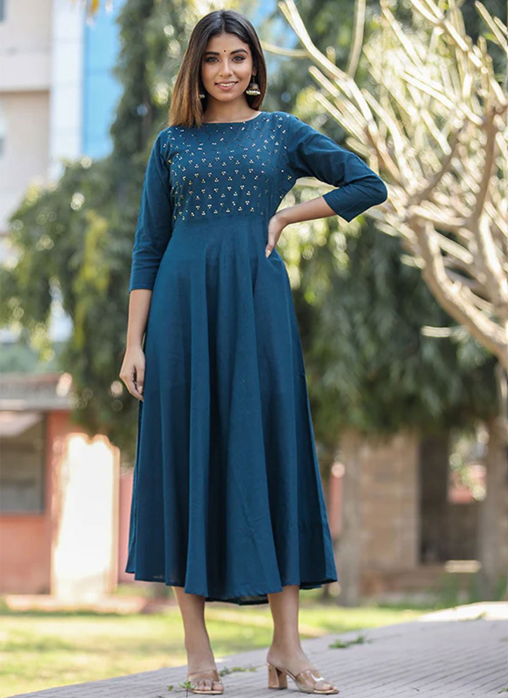 Party Wear Kurti Cotton Morpeach Embroidered Kurtis