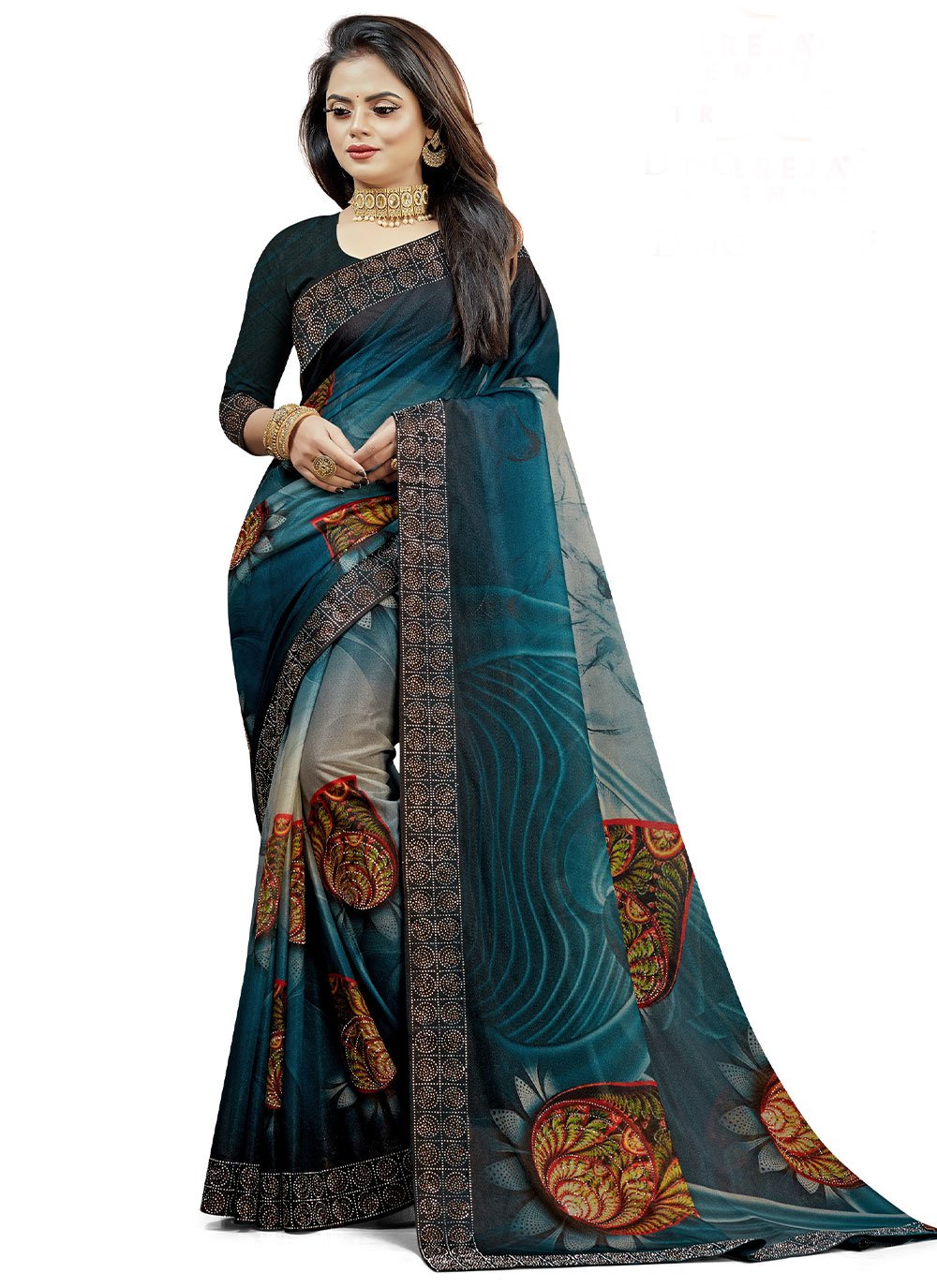 Contemporary Lycra Morpeach Digital Print Saree