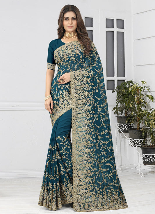 Classic Georgette Morpeach Embroidered Saree