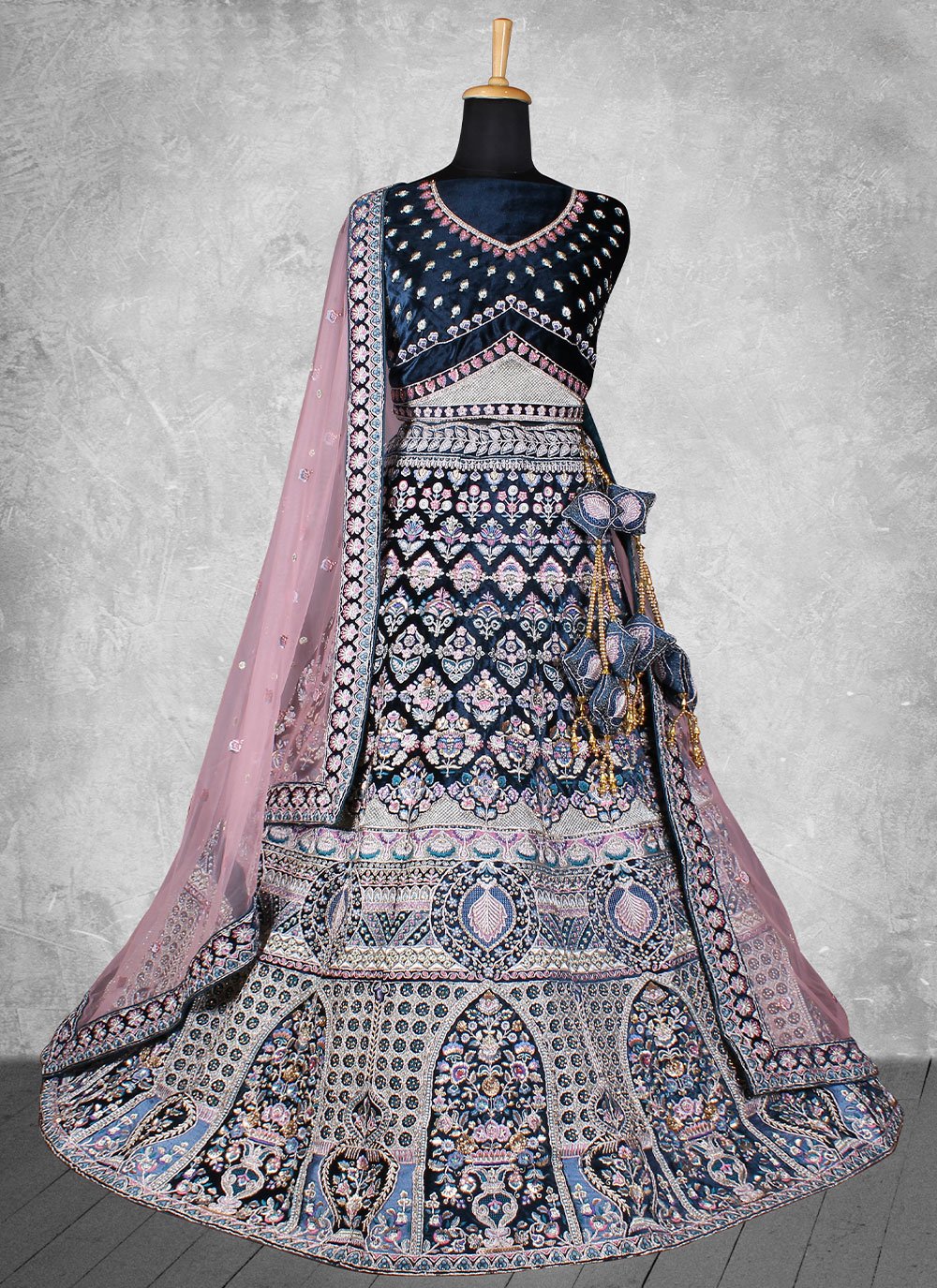 Lehenga Choli Velvet Morpeach Embroidered Lehenga Choli