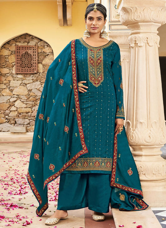 Straight Salwar Suit Vichitra Silk Morpeach Embroidered Salwar Kameez