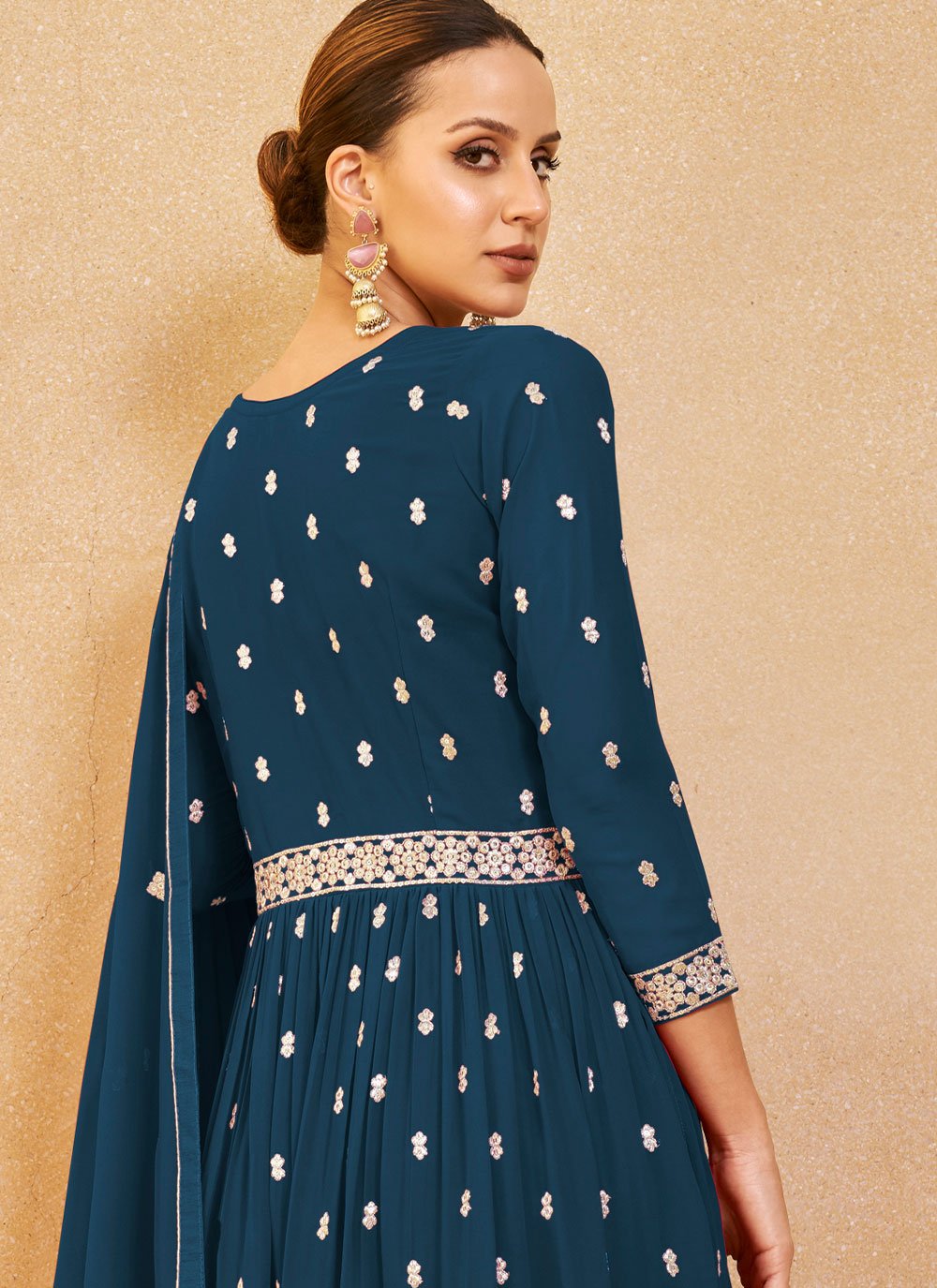 Palazzo Salwar Suit Georgette Morpeach Embroidered Salwar Kameez