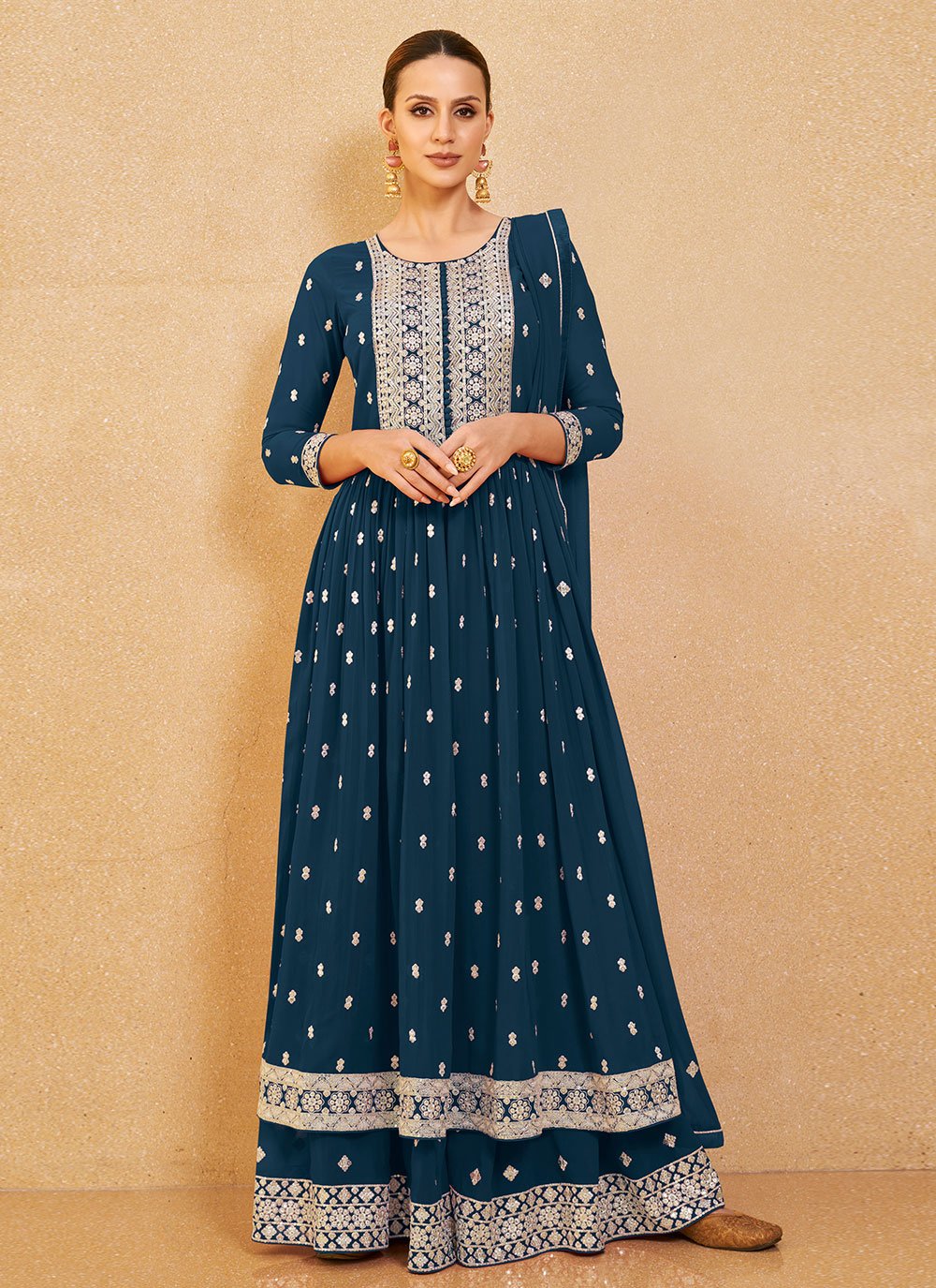 Palazzo Salwar Suit Georgette Morpeach Embroidered Salwar Kameez