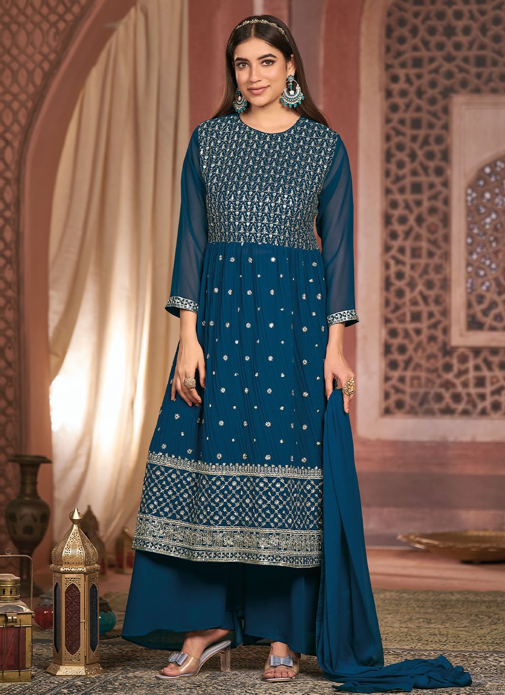 Straight Salwar Suit Georgette Morpeach Embroidered Salwar Kameez