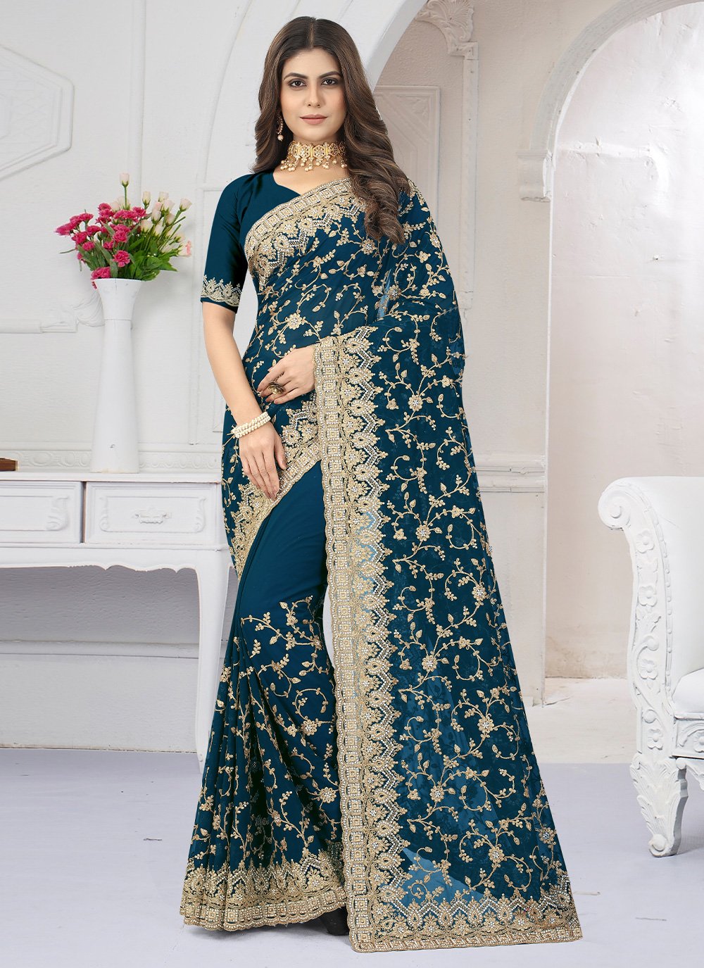 Classic Georgette Morpeach Embroidered Saree