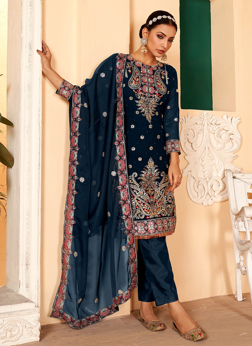 Straight Salwar Suit Faux Georgette Morpeach Embroidered Salwar Kameez