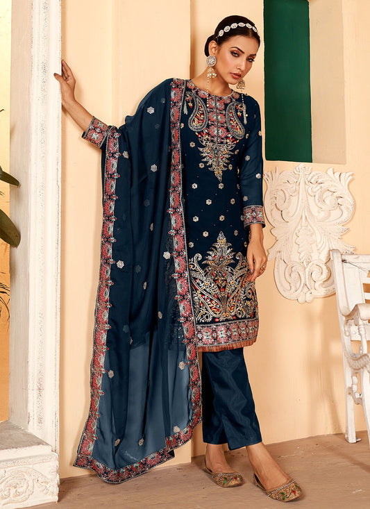 Straight Salwar Suit Faux Georgette Morpeach Embroidered Salwar Kameez