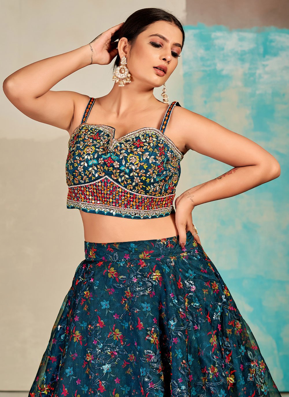 A Line Lehenga Organza Morpeach Digital Print Lehenga Choli