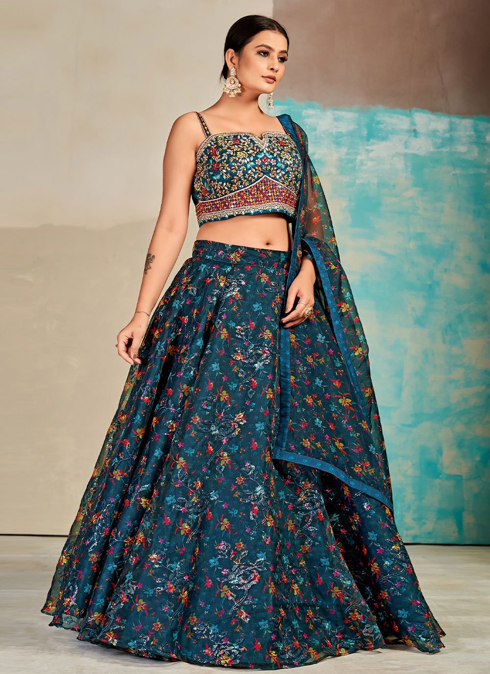 A Line Lehenga Organza Morpeach Digital Print Lehenga Choli