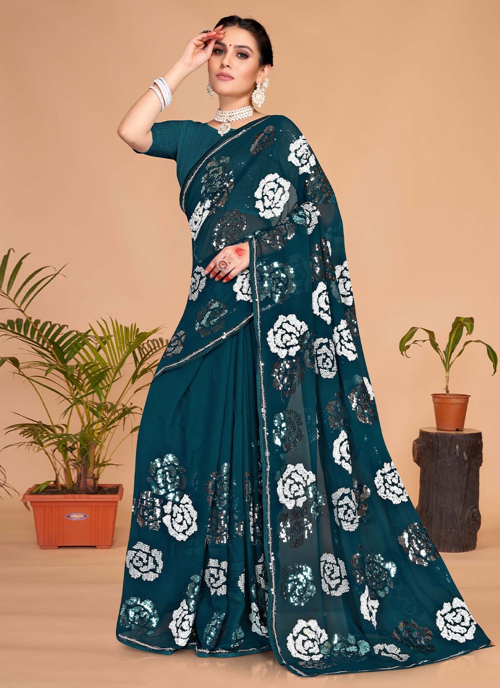 Classic Georgette Morpeach Embroidered Saree