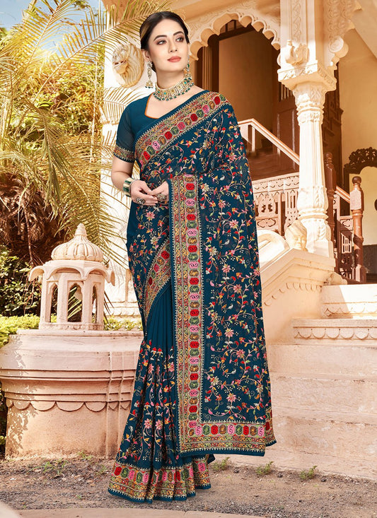 Classic Georgette Morpeach Embroidered Saree