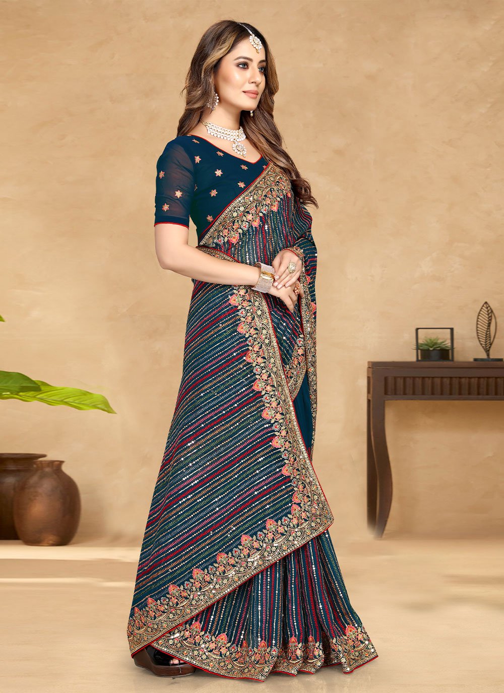 Classic Georgette Morpeach Embroidered Saree