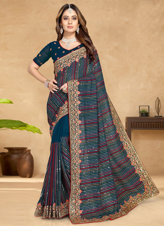 Classic Georgette Morpeach Embroidered Saree