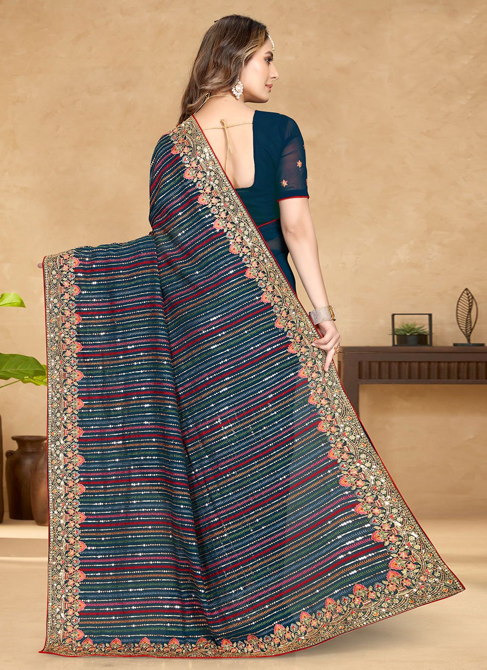 Classic Georgette Morpeach Embroidered Saree