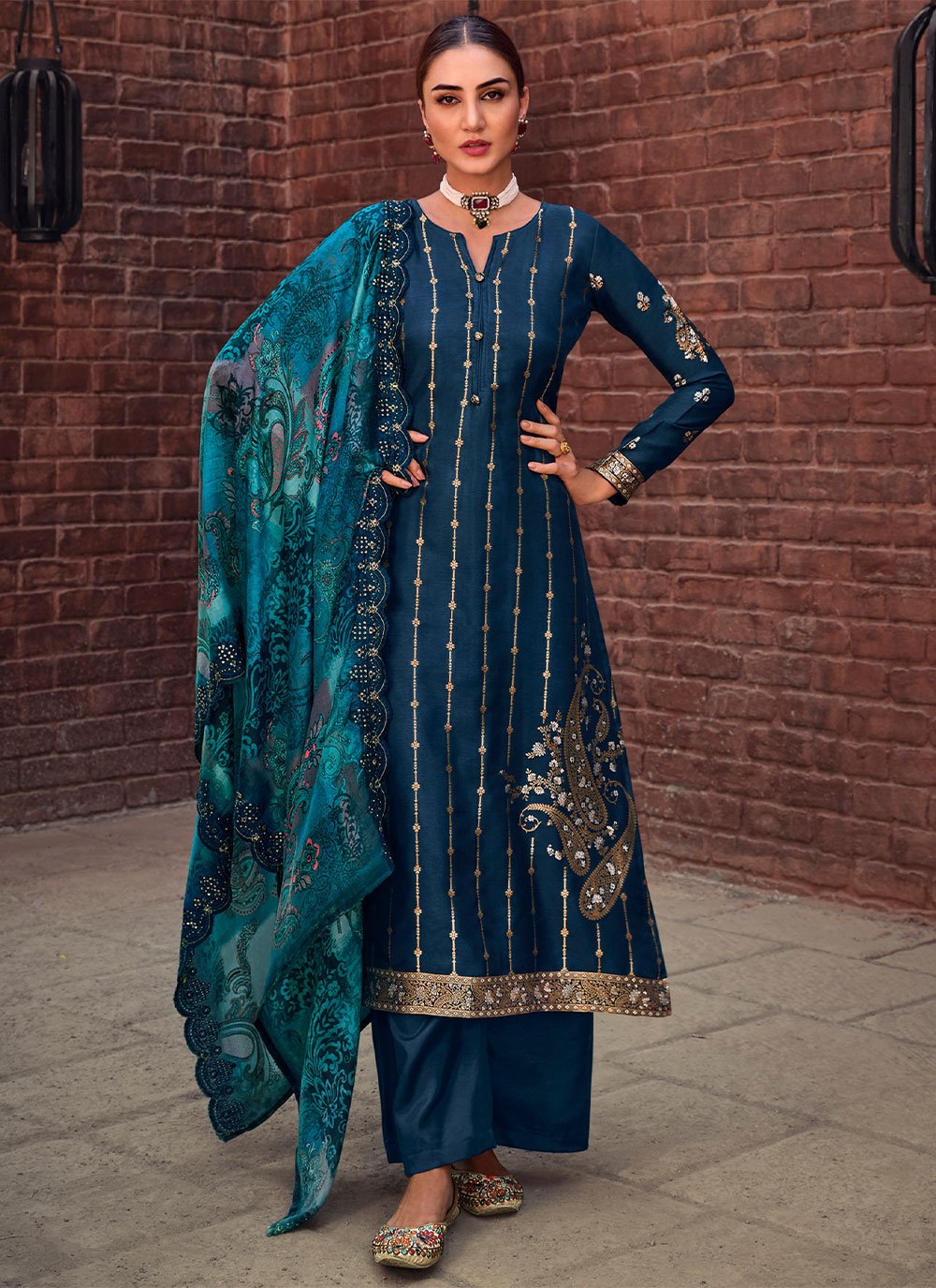 Pakistani Salwar Suit Silk Morpeach Embroidered Salwar Kameez