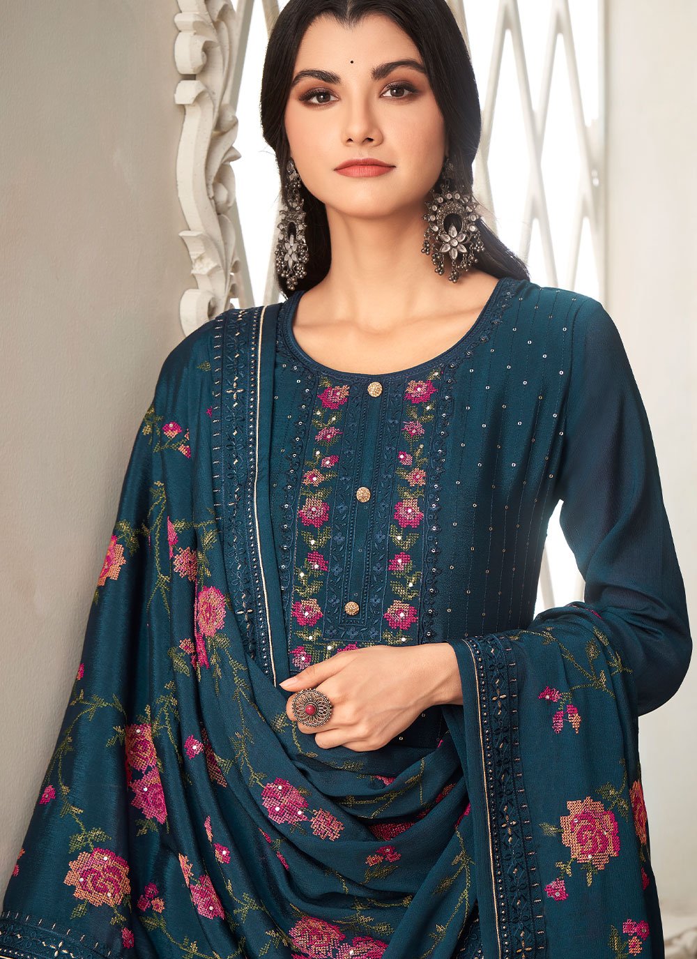 Salwar Suit Chinon Morpeach Sequins Salwar Kameez