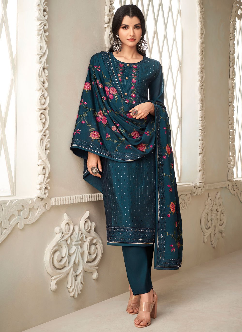 Salwar Suit Chinon Morpeach Sequins Salwar Kameez