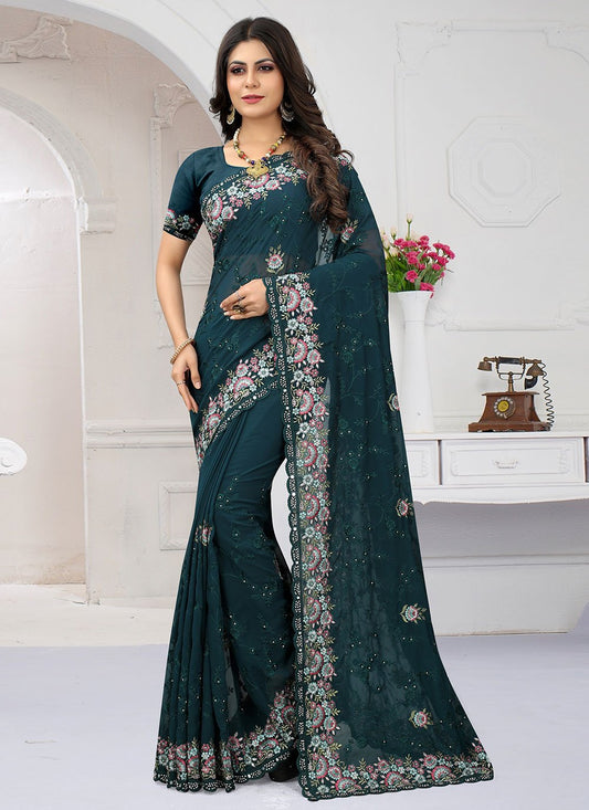 Trendy Saree Georgette Morpeach Embroidered Saree