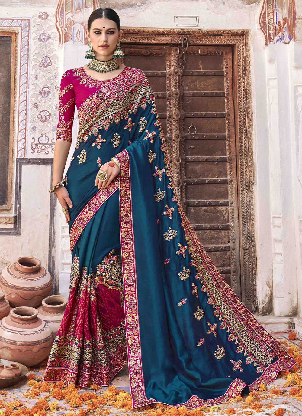 Contemporary Silk Viscose Morpeach Diamond Saree