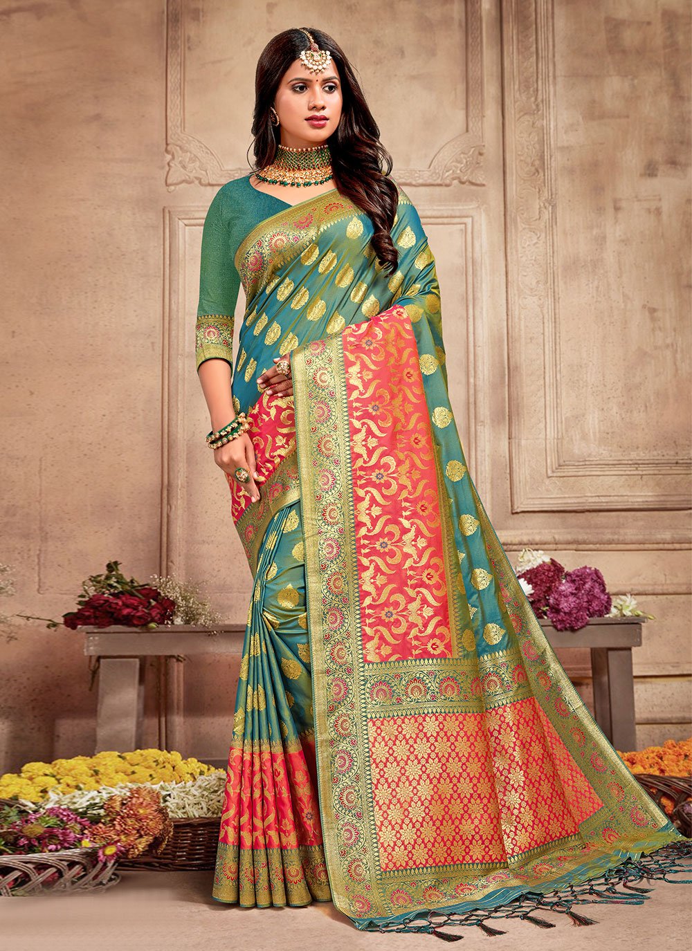 Classic Silk Viscose Morpeach Weaving Saree