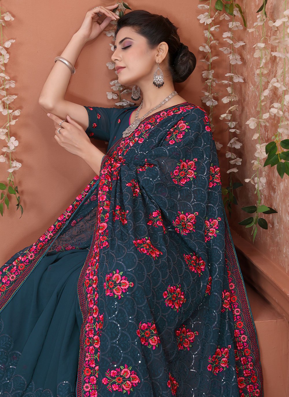 Contemporary Georgette Morpeach Embroidered Saree