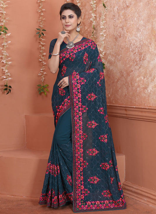 Contemporary Georgette Morpeach Embroidered Saree