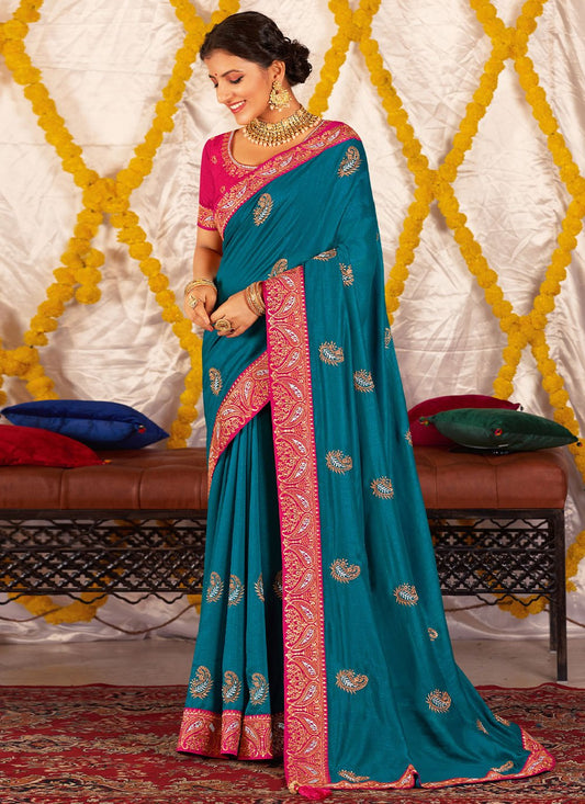 Contemporary Vichitra Silk Morpeach Embroidered Saree