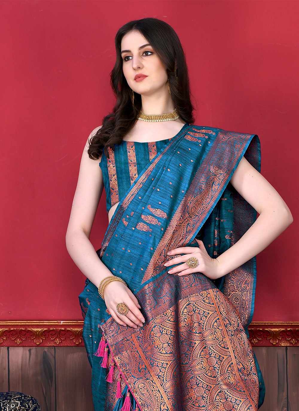 Contemporary Katan Silk Morpeach Patch Border Saree