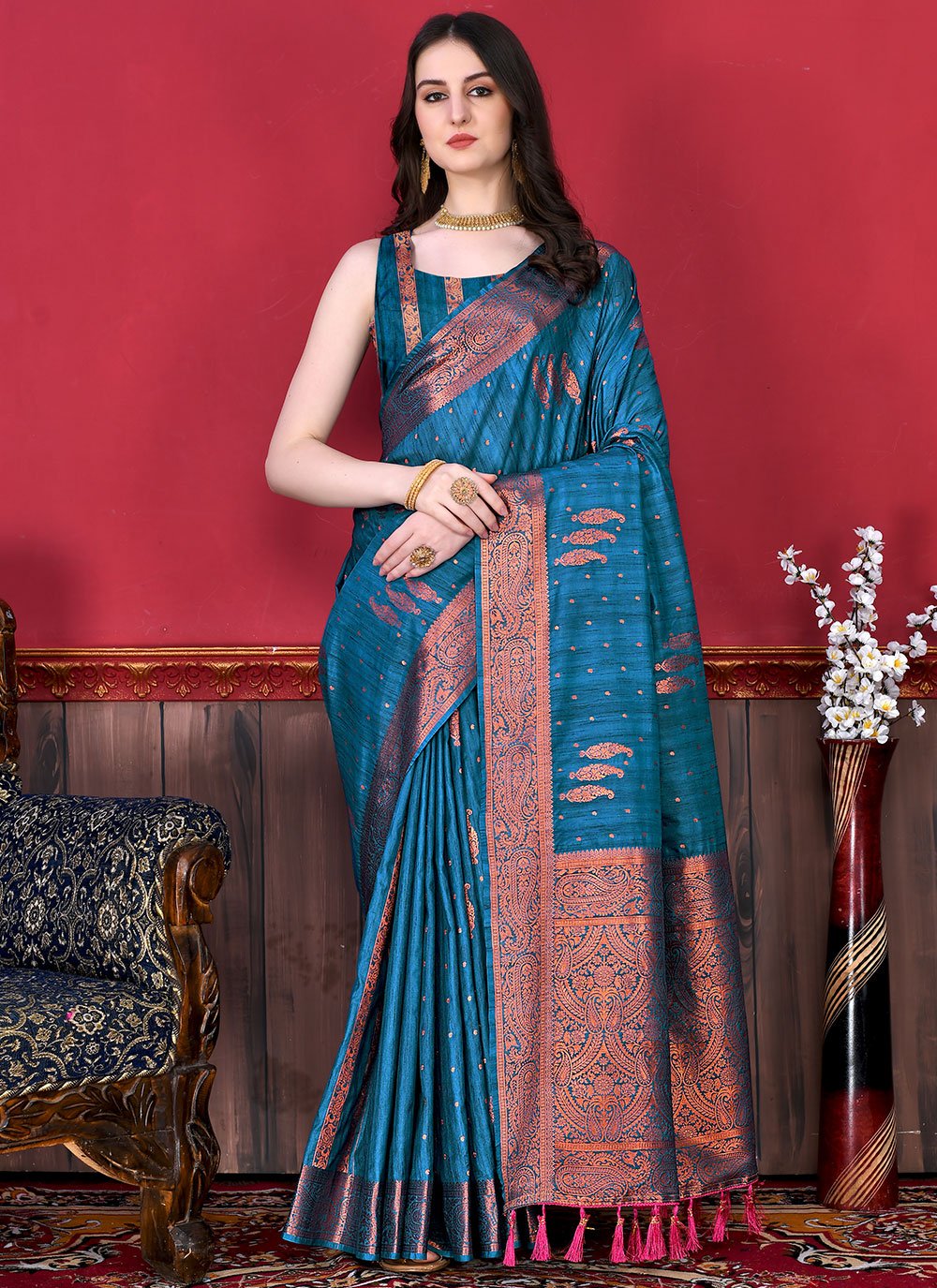 Contemporary Katan Silk Morpeach Patch Border Saree