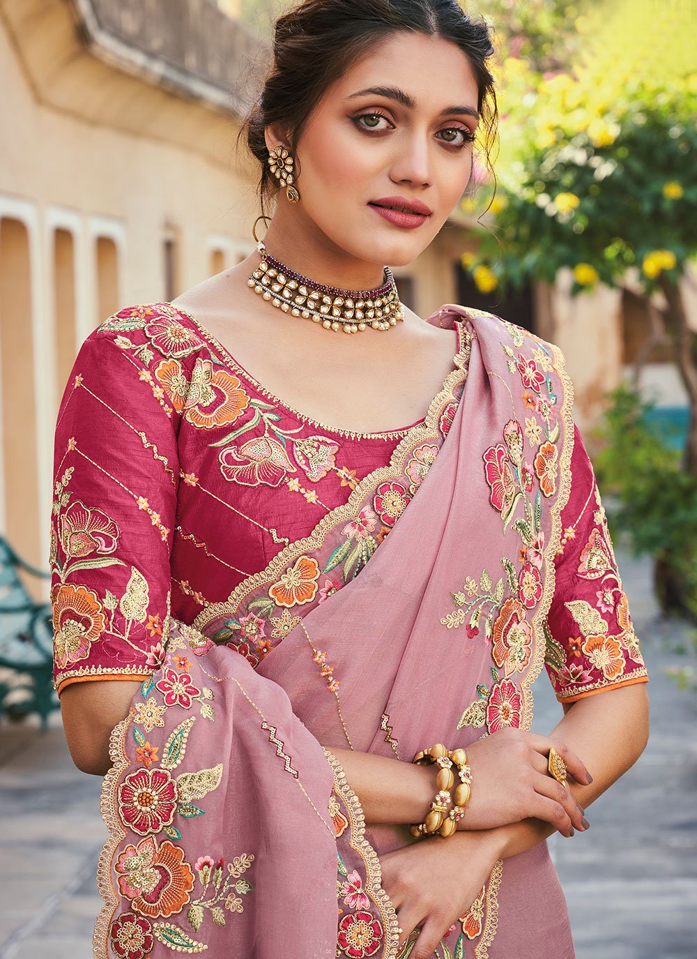 Classic Organza Tissue Pink Embroidered Saree