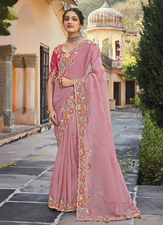 Classic Organza Tissue Pink Embroidered Saree