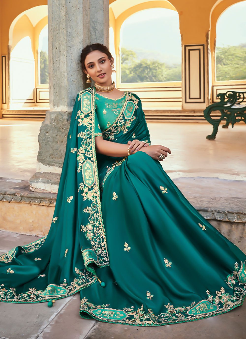 Classic Organza Tissue Teal Embroidered Saree