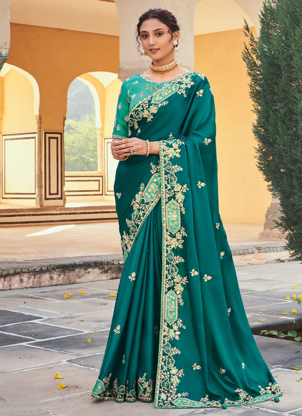 Classic Organza Tissue Teal Embroidered Saree