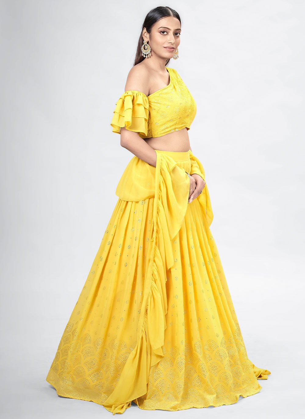 Lehenga Choli Georgette Yellow Mukesh Work Lehenga Choli