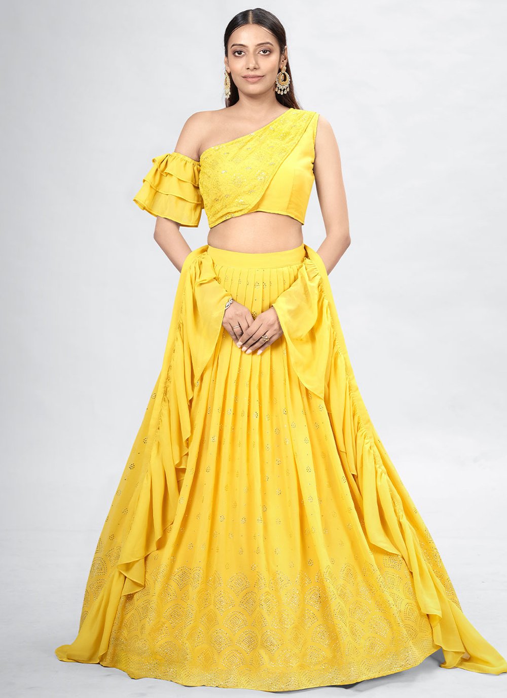 Lehenga Choli Georgette Yellow Mukesh Work Lehenga Choli