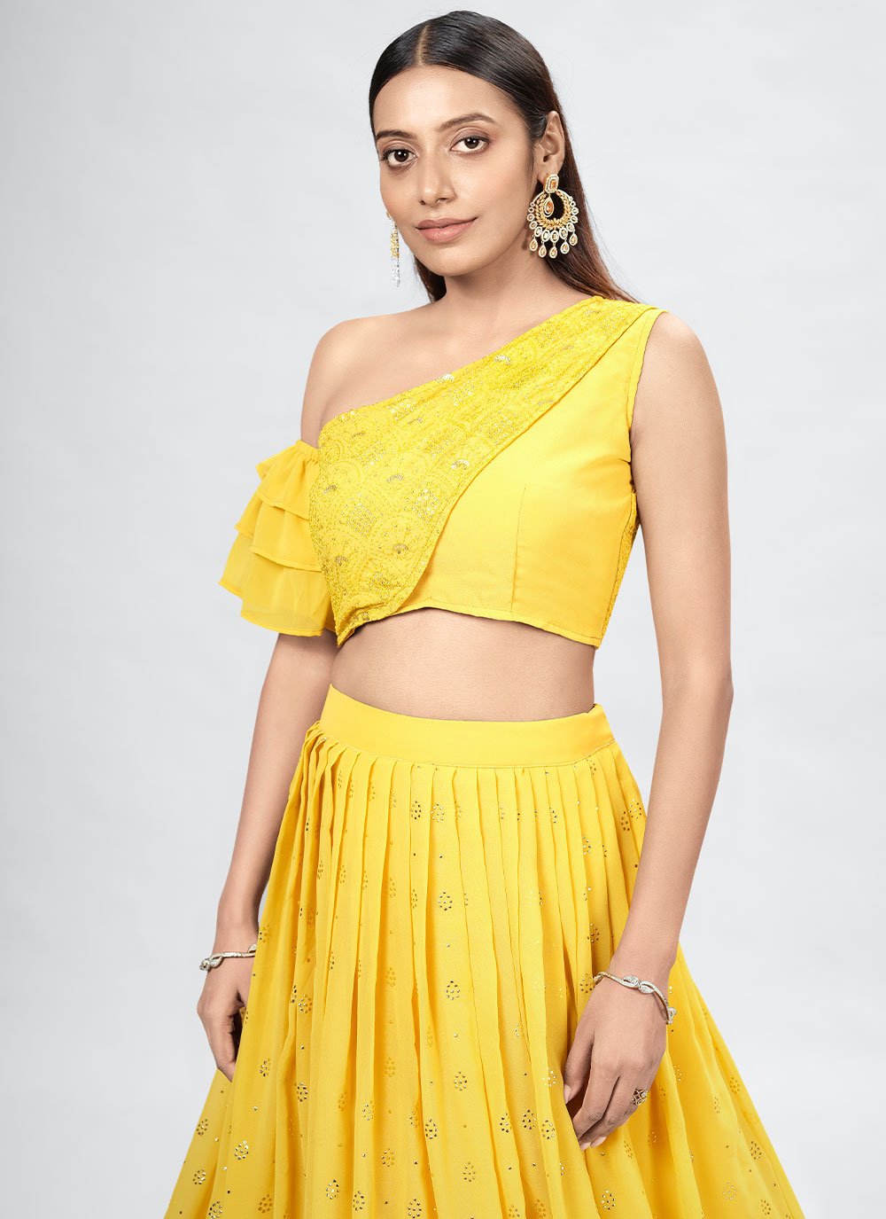 Lehenga Choli Georgette Yellow Mukesh Work Lehenga Choli