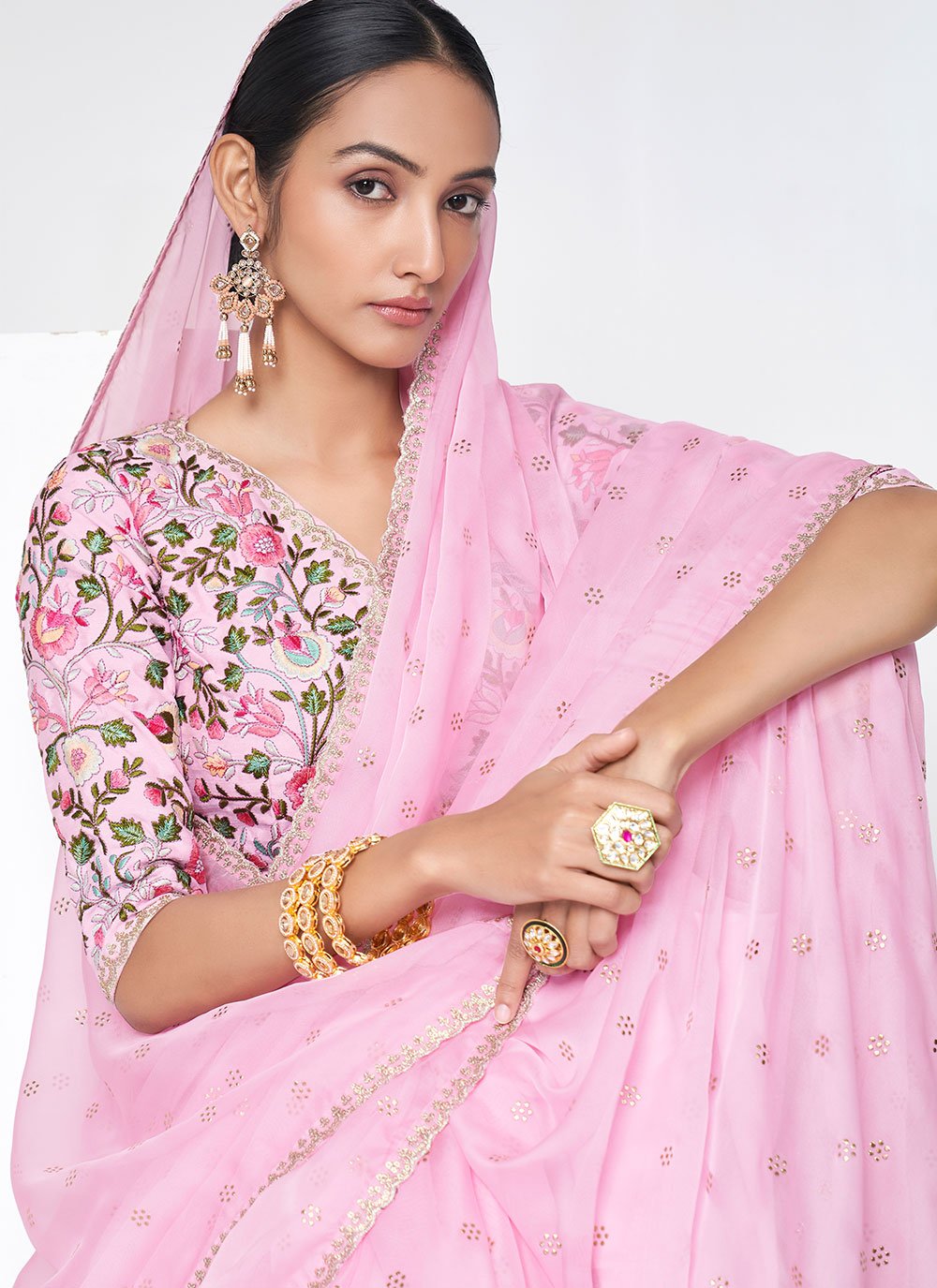 Classic Organza Pink Mukesh Work Saree